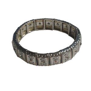 Vintage Ornate Silver Tone Stretch Bracelet Intricate Pattern Rhinestone Accents
